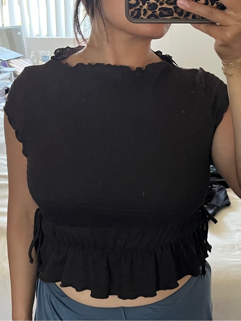 H&M Brown Smocked Ruffle Hem Cropped Top
